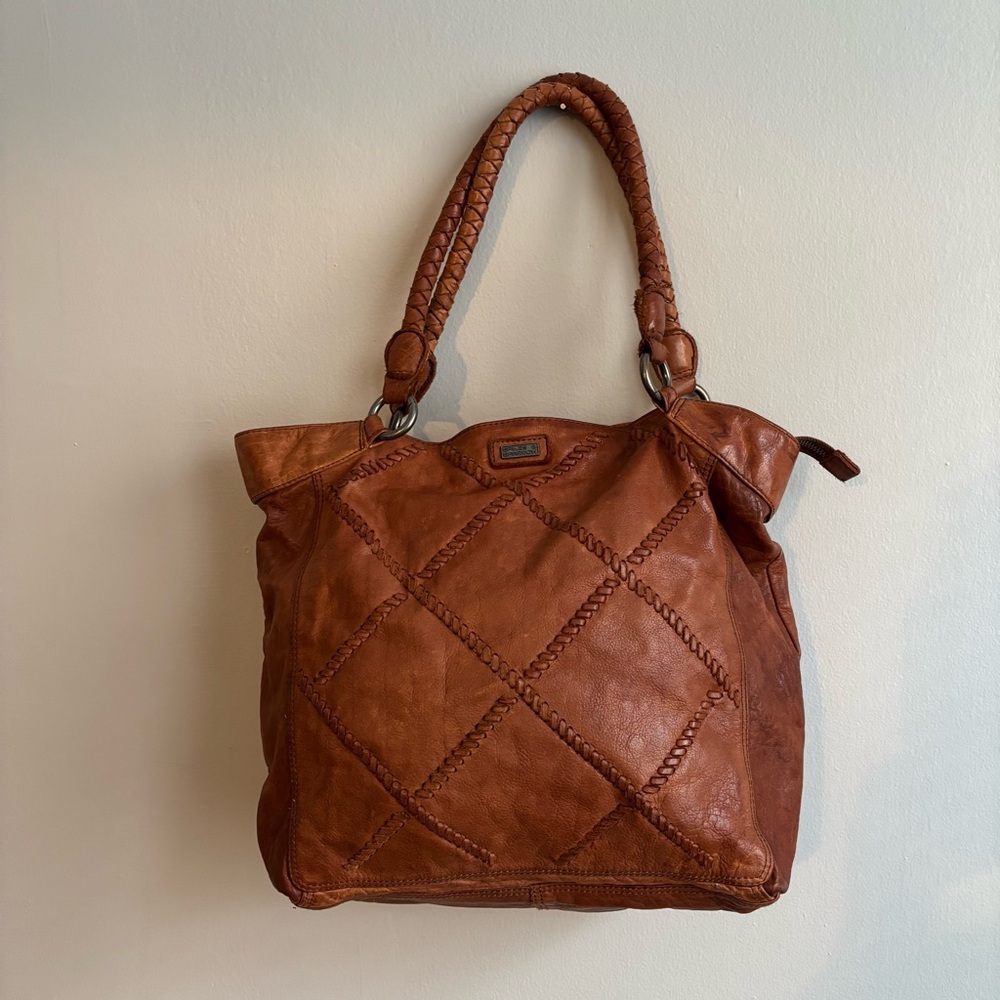 Spikes and Sparrow Cognac Brown Leather Braided Medium Should Purse